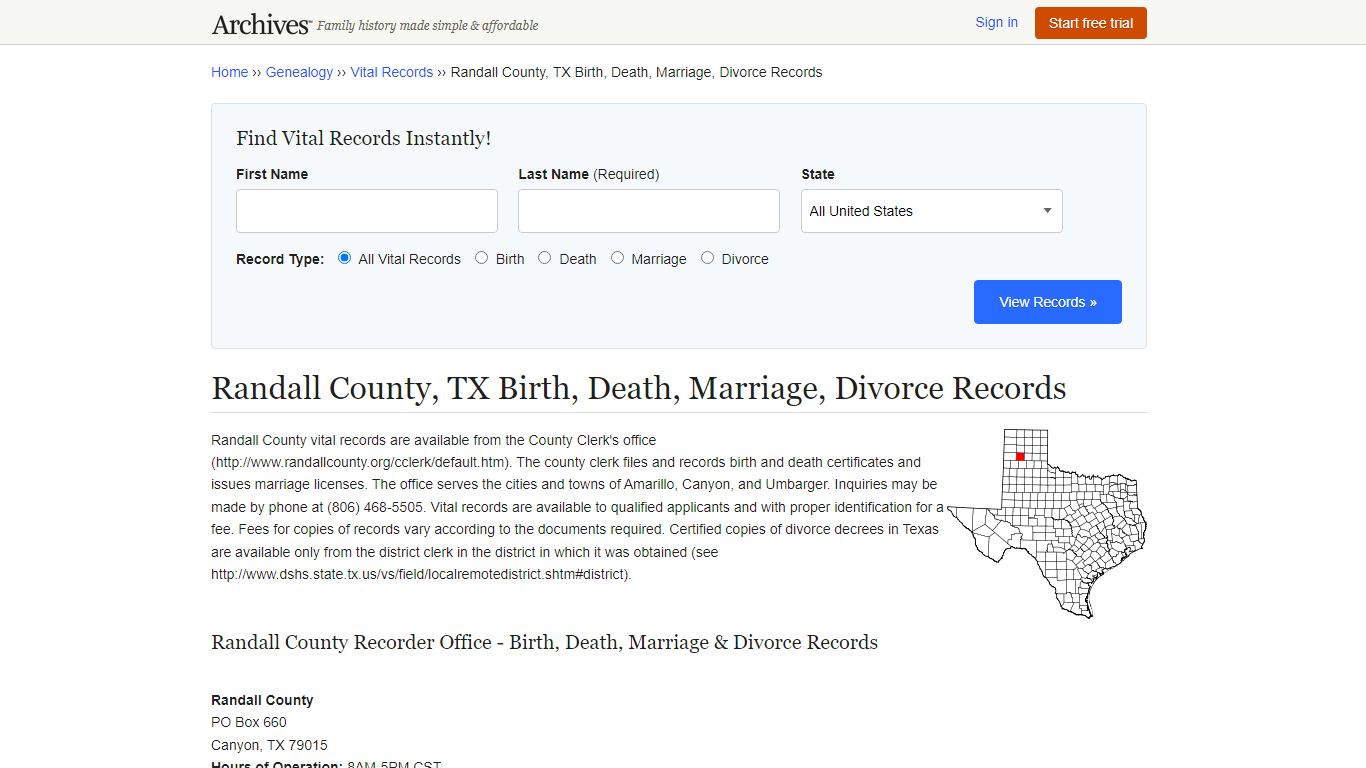 Randall County, TX Birth, Death, Marriage, Divorce Records - Archives.com